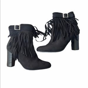 Black suede Olivia Miller ankle boots.